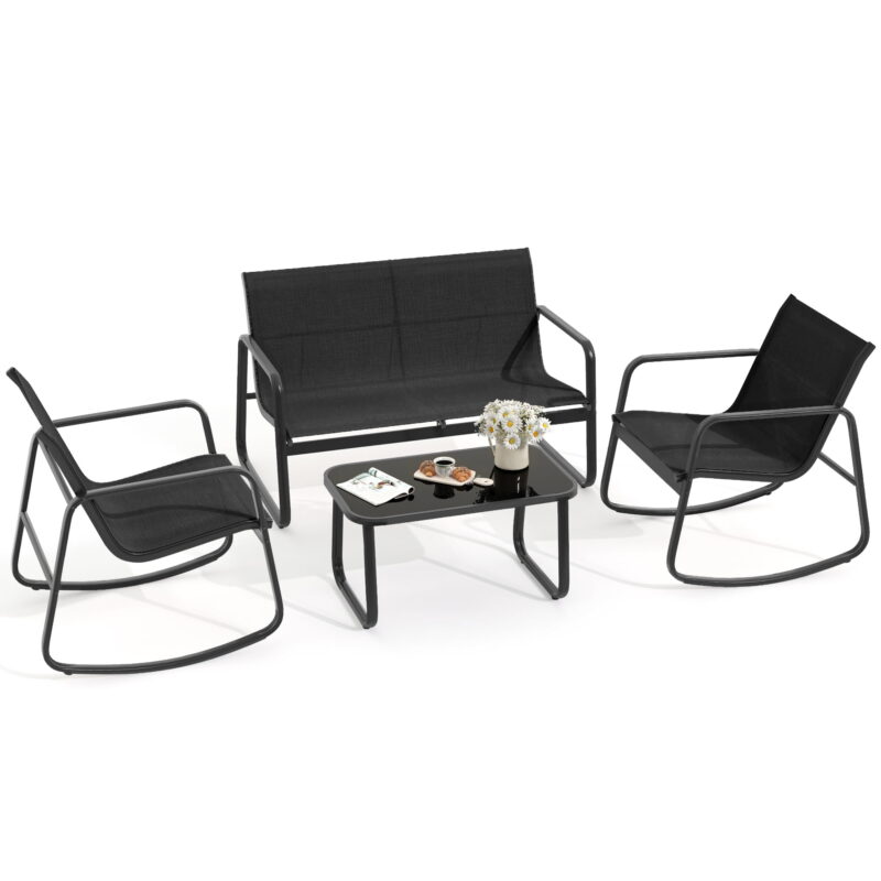 Uforic 4 Pieces Outdoor Furniture Set Patio Textilene Steel Conversation Set, Rocking Bistro Set with Loveseat Glass Table - Black