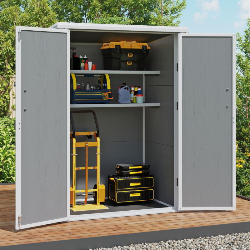 Uforic 60 Cu.Ft Outdoor Storage Shed, Weatherproof Tall Plastic Cabinet w/ Shelves, Lockable, Gray