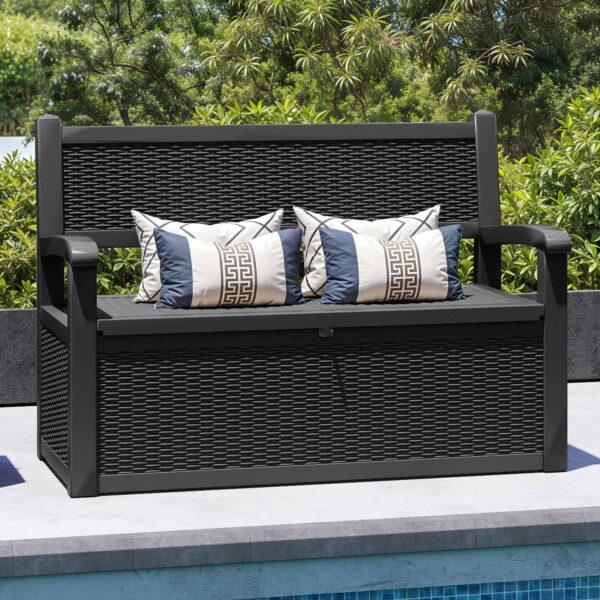 Uforic 70 Gallon Outdoor Resin Deck Bench, Waterproof & Lockable Storage Box  Bench with Armrests for Garden Patio, Black