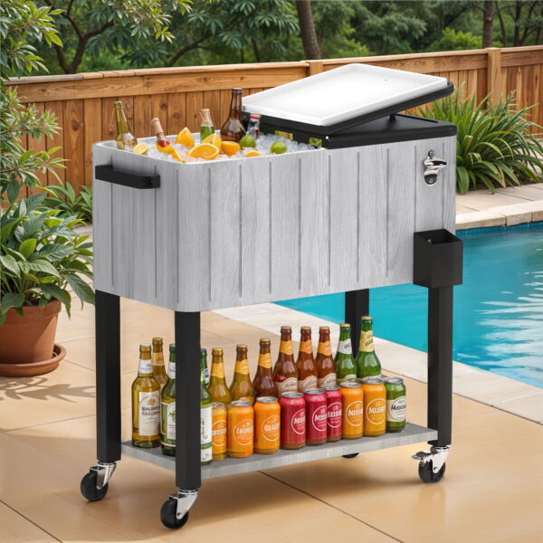Uforic 80 Quart Rolling Cooler Cart, Outdoor Portable Beverage Ice Chest Cart, with Bottle Opener, Drain & Bottom Tray, Gray
