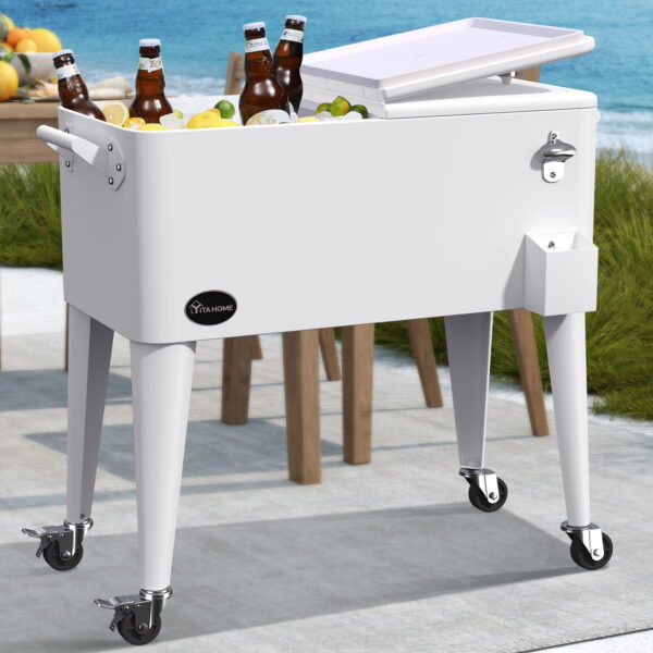 Uforic 80 Quart Rolling Ice Chest Cooler Cart,Outdoor Portable Beverage Cart with Bottle Opener & Drain, White