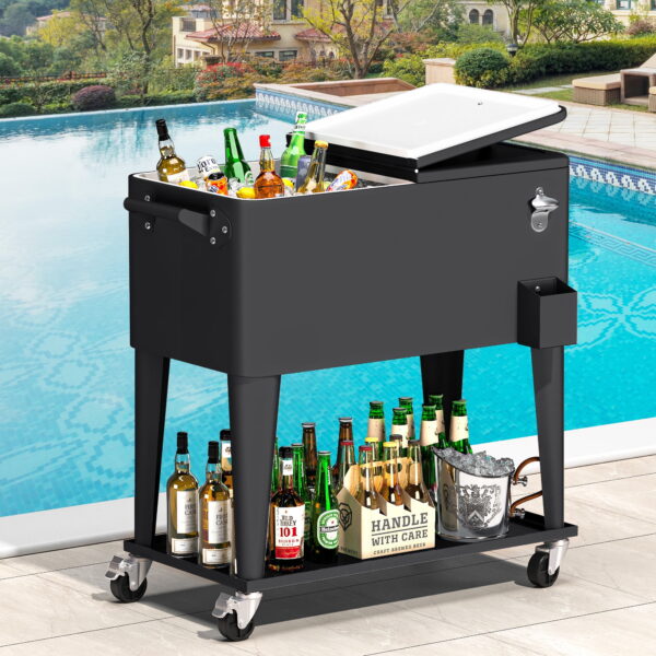 Uforic 80 Quart Rolling Ice Chest Cooler Cart, Outdoor Portable Beverage Cart, with Handles, Bottle Opener & Drain, Black
