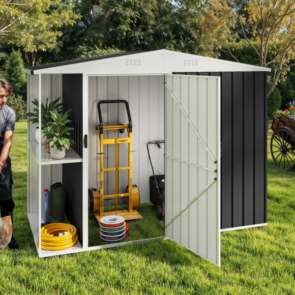 Uforic 8x4 FT Outdoor Metal Storage Shed with Shelves, Lockable Tool Cabinet for Garden (Black)