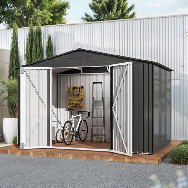 Uforic 9'x6' Outdoor Storage Shed,Metal Tool Storage Sheds w/Windows,Locking System for Garden Patio,Dark Gray