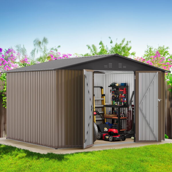 Uforic Large 10x8ft Outdoor Storage Shed Metal with Lockable Doors & Vents Brown Storage for Garden Tools, Lawn Equipment, Bikes