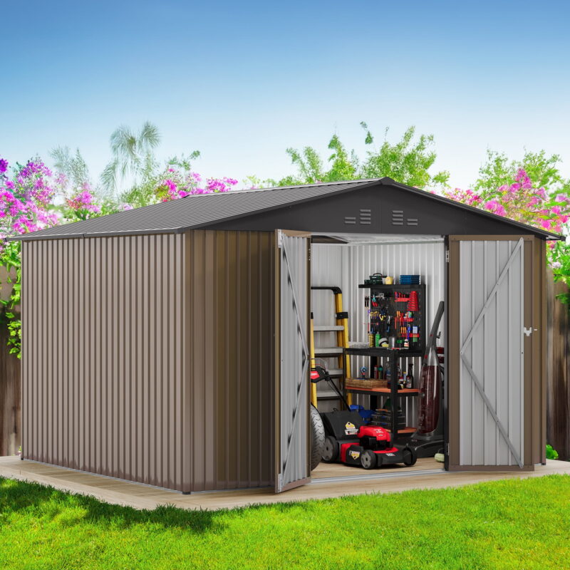 Uforic Large 10x8ft Outdoor Storage Shed Metal with Lockable Doors & Vents Brown Storage for Garden Tools, Lawn Equipment, Bikes