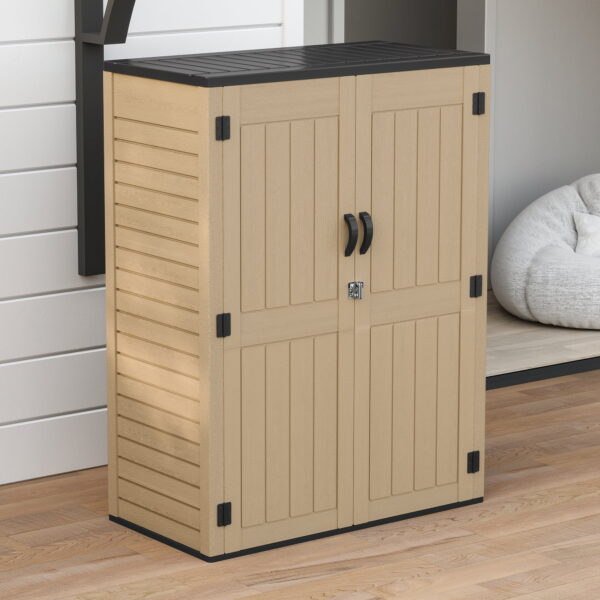 Uforic Outdoor Storage Shed, Vertical Lockable Tool Storage Resin Shed for Garden, Garage, Patio, No Shelves Included, Brown
