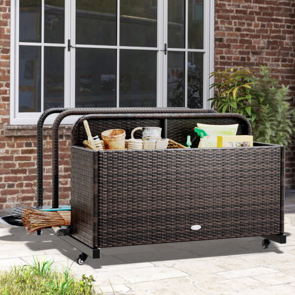 Uforic Outdoor Wicker Patio Poolside Float Storage Basket, PE Rattan Outdoor Pool Caddy with Rolling Wheels,Brown