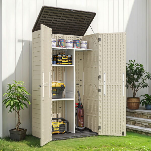 Uforic Vertical Resin Outdoor Storage, 50 cubic feet w/ Shelving for Garden Garage Poolside, Locking Capability, (Khaki & Brown)