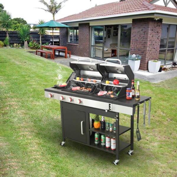 Windspire 3-burner 37230BTU Propane Gas + Charcoal BBQ Grill with Side Burner, Shelves, Enamel Cooking Grids, Stainless Steel, Black + Grey