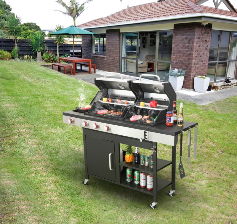 Windspire 3-burner 37230BTU Propane Gas + Charcoal BBQ Grill with Side Burner, Shelves, Enamel Cooking Grids, Stainless Steel, Black + Grey