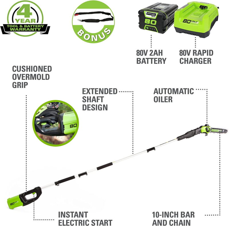 Greenworks 80V 10" Cordless Battery Pole Saw with 2.0Ah Battery & Rapid Charger - Image 3