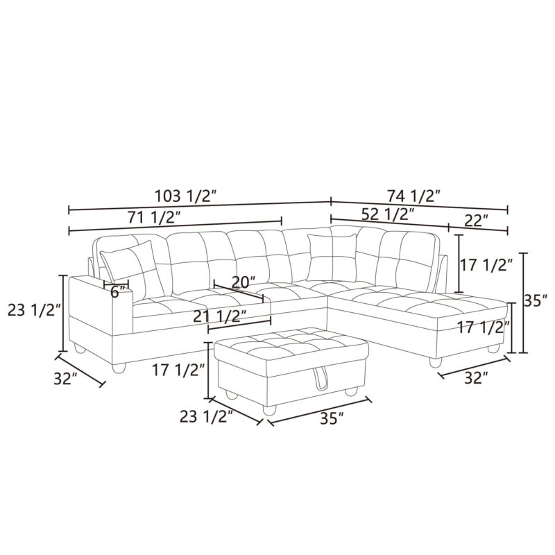 Hommoo 4 Seats Lint and PVC Sectional Sofa Couch Set, Modern L Shaped Sectional Couch, Living Room Furniture Set, Brown - Image 3