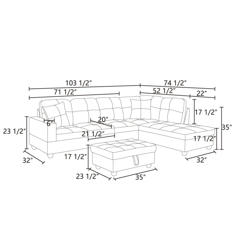 Hommoo Flannel and PVC Living Room Furniture Sets, L Shaped Couches and Sofas, Modern Sectional Sofa for Home & Office, Red(No Ottomans) - Image 3