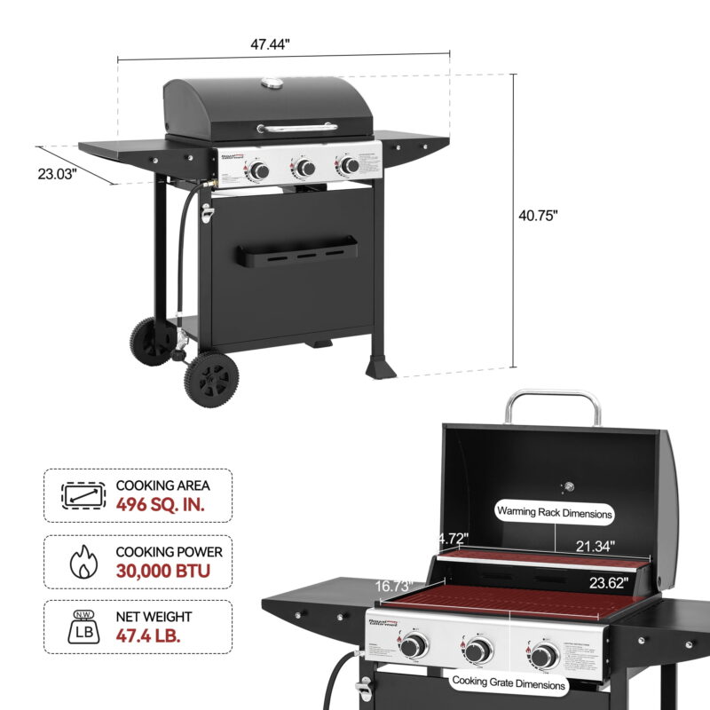 Royal Gourmet 3-Burner BBQ Gas Grill with Front Spice Rack, Two Side Shelves and Hooks, 30,000 BTU, GH3001H - Image 2