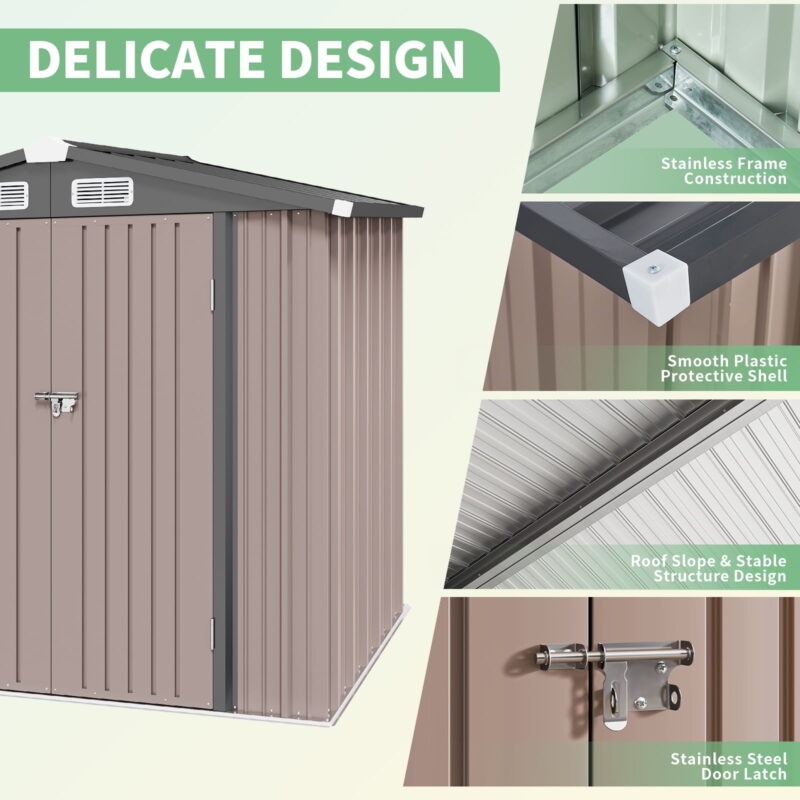 BaPiPro 6X4 ft Outdoor Storage Shed with base, Metal Tool Shed with Lockable, Waterproof, Brown - Image 5