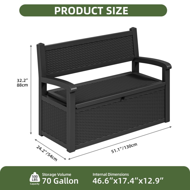 Uforic 70 Gallon Outdoor Resin Deck Bench, Waterproof & Lockable Storage Box  Bench with Armrests for Garden Patio, Black - Image 5