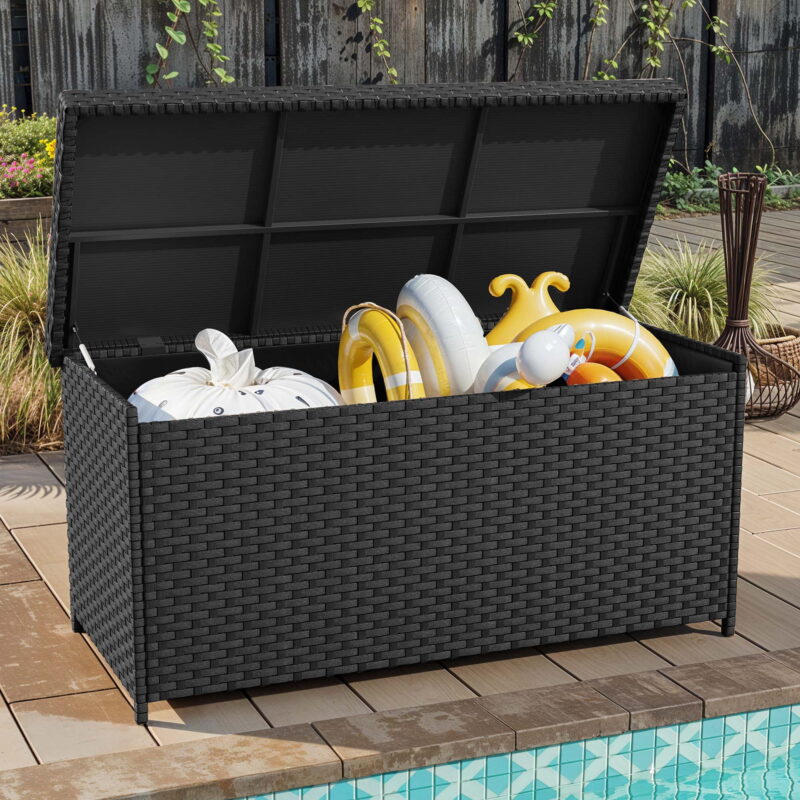 Uforic 260-Gallon Wicker Outdoor Deck Boxes with Waterproof Liner Bag, Rattan Storage Bin, Large Storage Deck Box - Black - Image 2