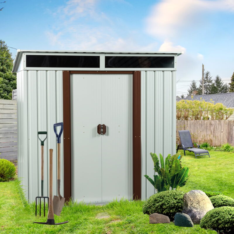 DEALTOPS Outdoor storage sheds 6FTx5FT Pent roof with Double Lockable Doors for Backyard Patio Lawn - White - Image 2