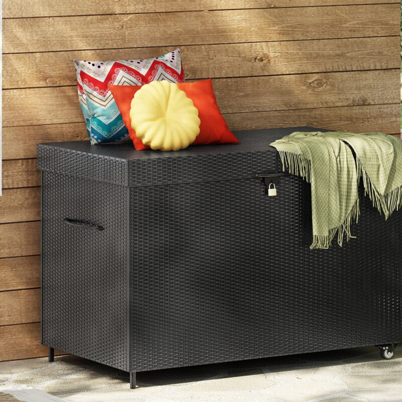 Euroco Wicker Deck Box with Wheels, All-Weather Outdoor Storage Bin for Patio Furniture, Outdoor Cushions, Pool Storage, and Garden Tools - Image 4