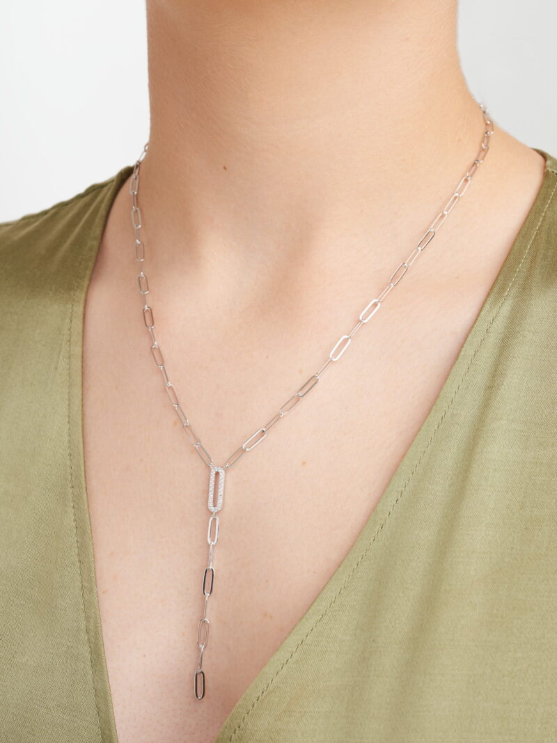 Forever Facets CZ Paperclip Lariat Necklace Hand Set in Sterling Silver, 18" + 2" Extension - Image 4