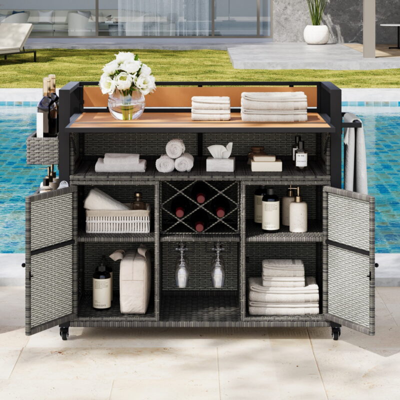 AENKYO Outdoor Grill Cart with Drop Leaf, Cabinets, Spice Racks, and Wheels, All-Weather Wicker BBQ Prep Table for Patio or Kitchen, Gray - Image 3