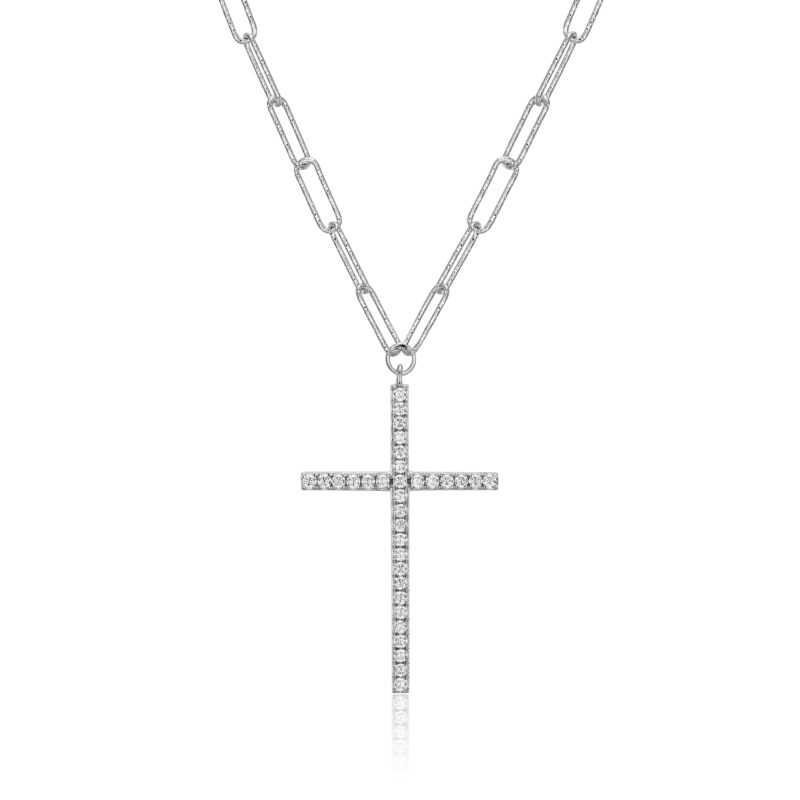 Forever Facets CZ Cross Paperclip Necklace Hand Set in Sterling Silver, 18" + 2" Extension - Image 3