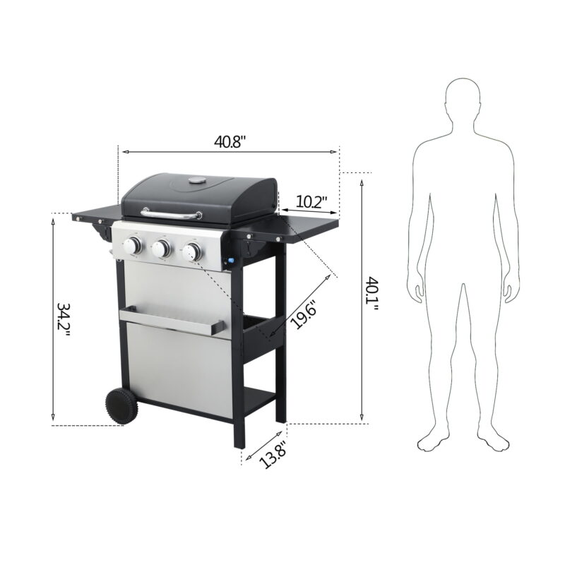 Dravenfell 3-burner 25650BTU Propane Gas BBQ Grill, Enamel Cooking Grids, Foldable Side Table, Stainless Steel, Black + Grey - Image 3