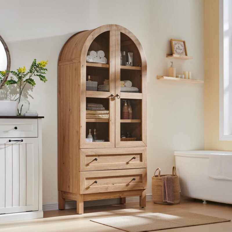 71" Tall Arched Bookshelf, 4-Tier Bookcase with Glass Doors and Shelves, Wooden Display Cabinet w/2 Large Storage Drawers - Image 3
