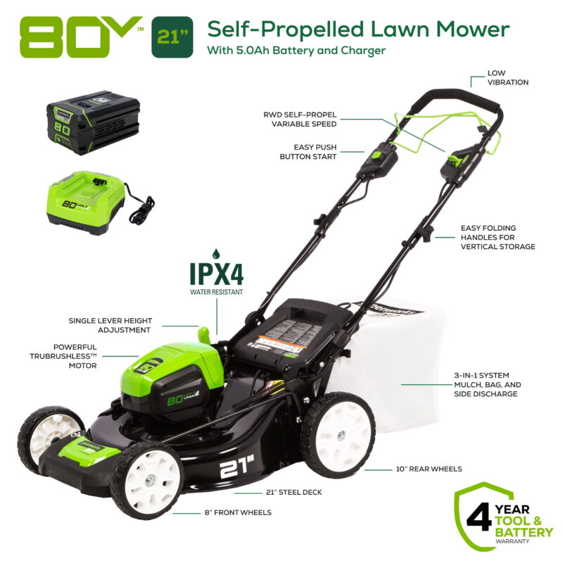 Greenworks 80V 21" Self Propelled Mower, 5Ah Battery and Charger 2502402NV​ - Image 3