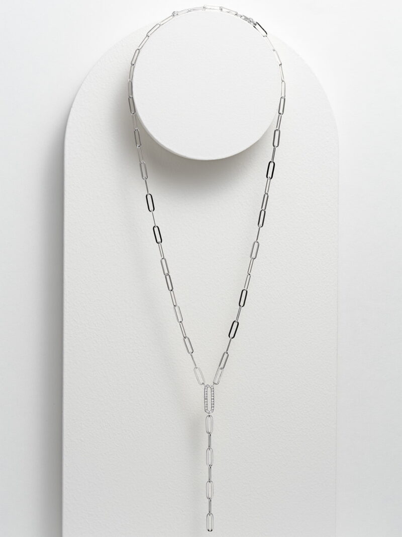 Forever Facets CZ Paperclip Lariat Necklace Hand Set in Sterling Silver, 18" + 2" Extension - Image 5