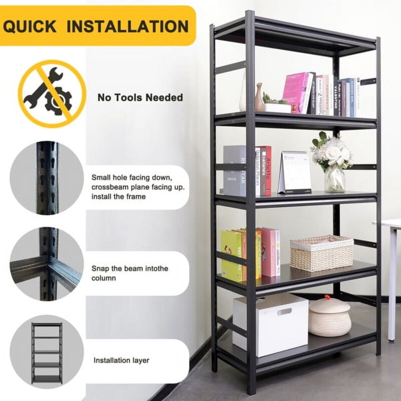 H72 * W35.4 * D15.7 5-Tier 2000lb Capacity Steel Shelving Unit - Tool-Free Assembly Metal Rack w/ Adjustable Shelves, Garage/Kitchen Storage - Image 6