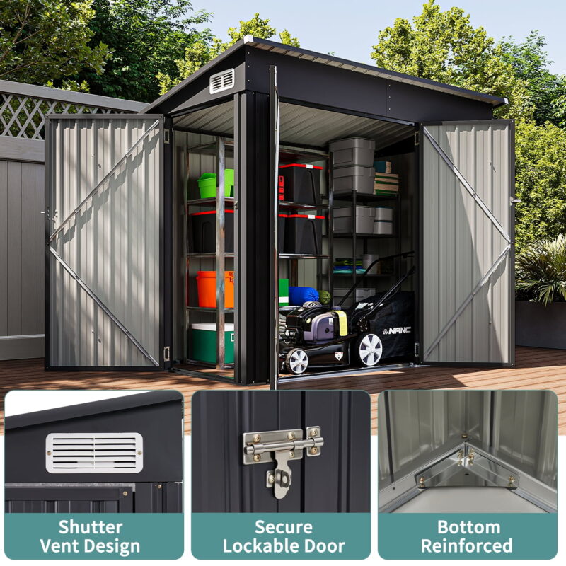 Bapipro 4' x 8' Metal Storage Shed,Outdoor Storage Shed with Triple Lockable Door Metal Storage Cabinet with Slopping Roof, Black - Image 6