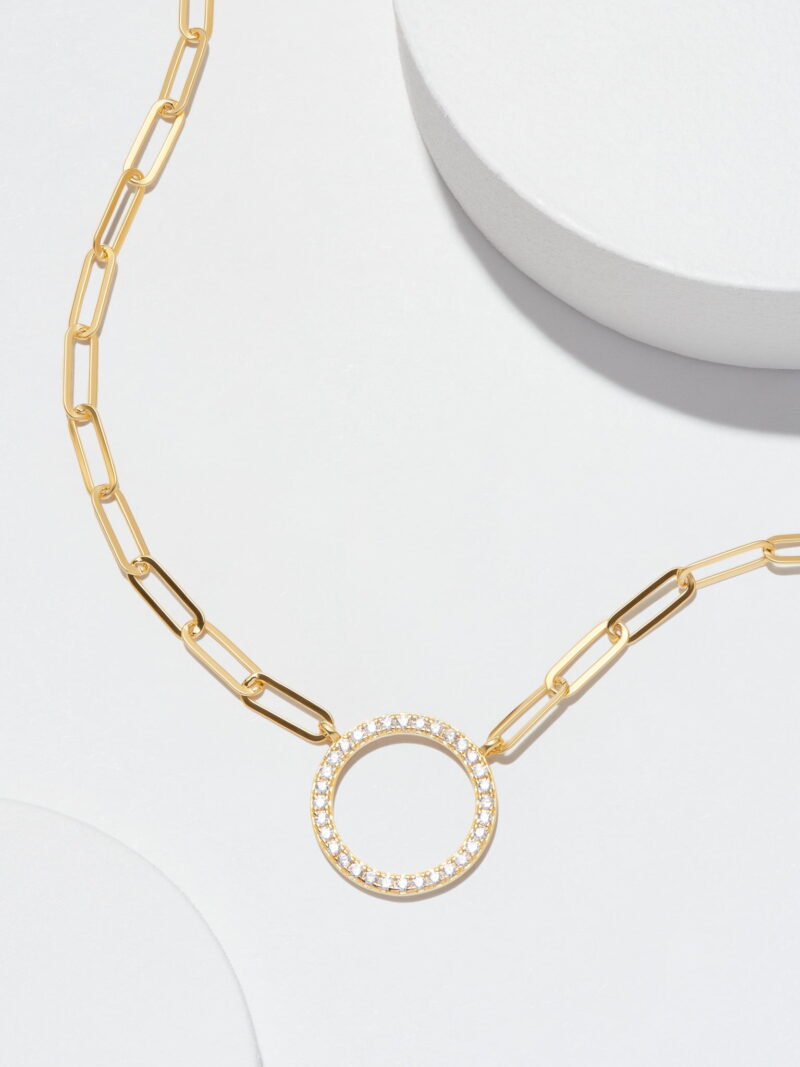 Cubic Zirconia Lined Circle 18K Gold Over Sterling Silver Paperclip Necklace Gift for Her, 18" + 2" Extension - Image 5