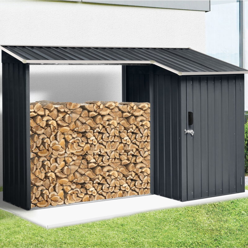2-in-1 Galvanized Steel Multipurpose Shed, 9-Sq.Ft. Lockable Tool Storage, 42-Cu.Ft. Firewood Rack, Dark Gray - Image 2