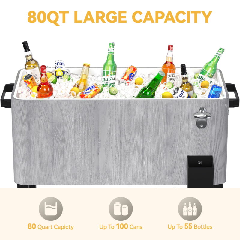 Uforic 80 Quart Rolling Cooler Cart, Outdoor Portable Beverage Ice Chest Cart, with Bottle Opener, Drain & Bottom Tray, Gray - Image 5