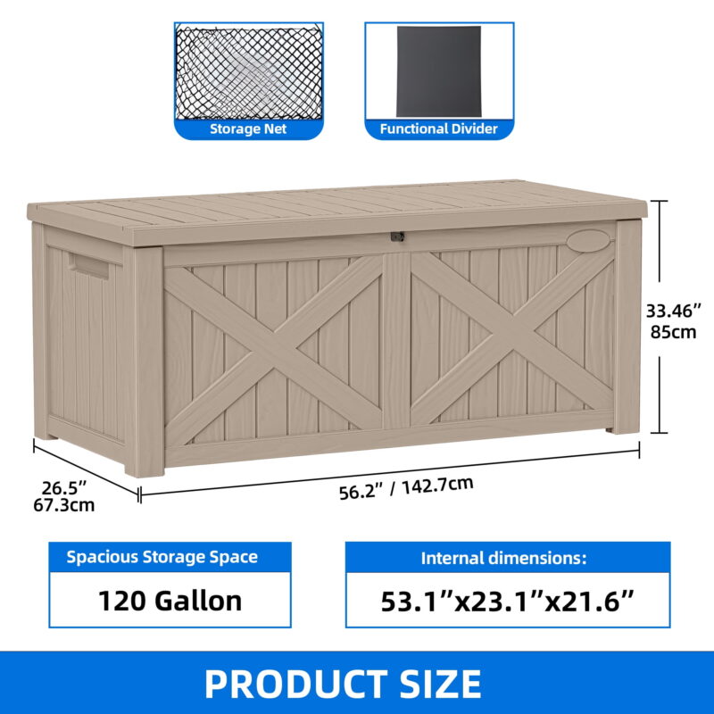 Dextrus Outdoor Waterproof 120 Gallon Resin Deck Box, Light Brown - Image 5