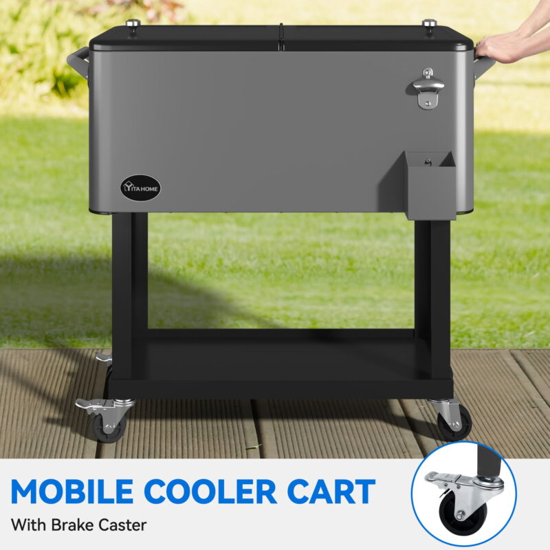 Dextrus 80 Quart Outdoor Rolling Cooler Cart with Bottle Opener Drainage, Portable Beverage Rolling Cart with Tray on Wheels, Silver - Image 2