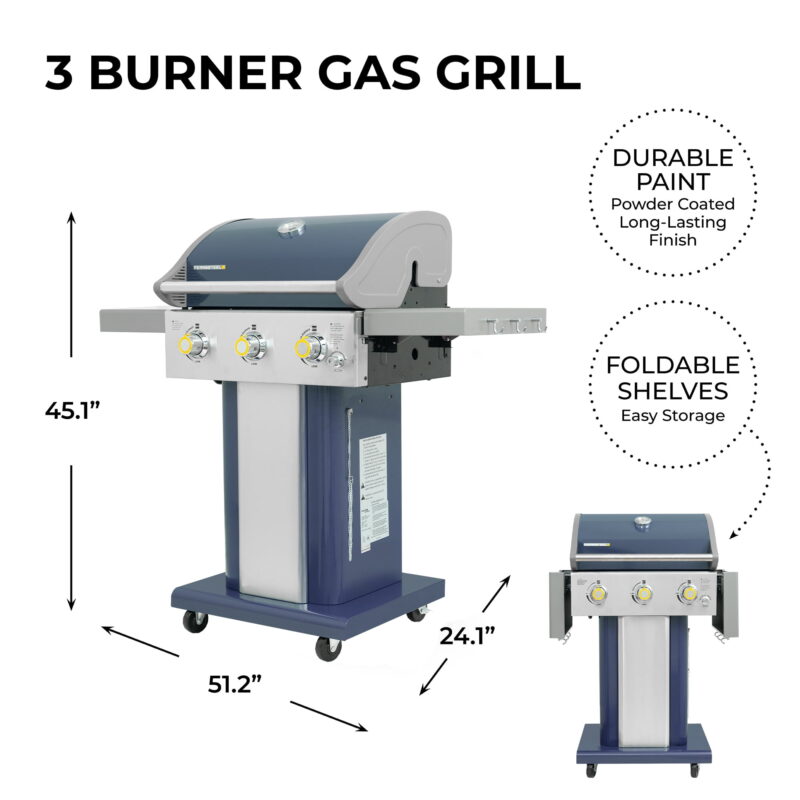 Permasteel 3-Burner Gas Grill, Compact Propane Grill, Outdoor BBQ, Foldable Side Tables, Azure Blue - Image 2