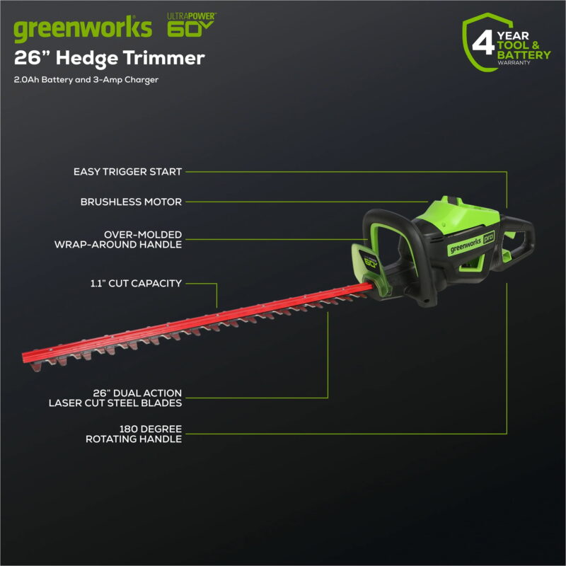 Greenworks 60V 26" Cordless Battery Hedge Trimmer with 2.0Ah Battery & Charger 2212002 - Image 3