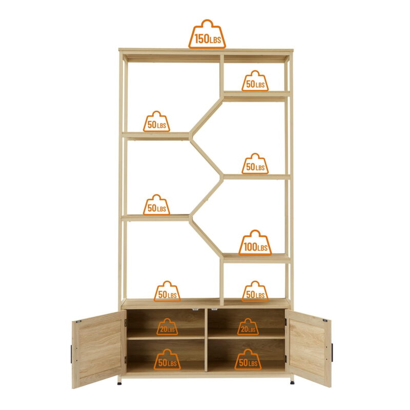 PORKISS 7-Tier Rattan Bookshelf, Wood Tall Bookshelf with Doors and Shelves, Freestanding Bookcase with Storage for Living Room, Home Office, Natural - Image 5