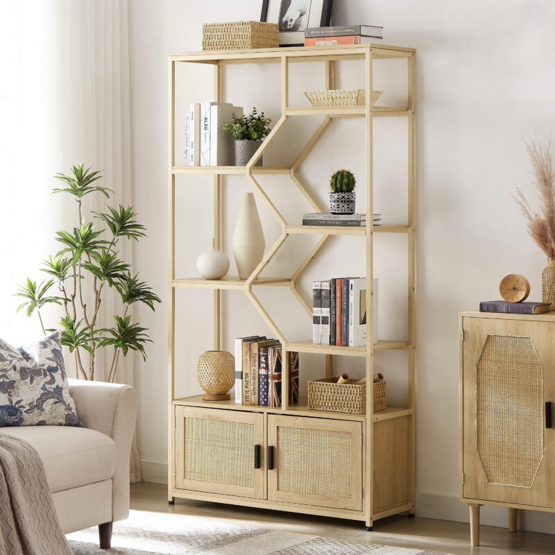 PORKISS 7-Tier Rattan Bookshelf, Wood Tall Bookshelf with Doors and Shelves, Freestanding Bookcase with Storage for Living Room, Home Office, Natural - Image 2