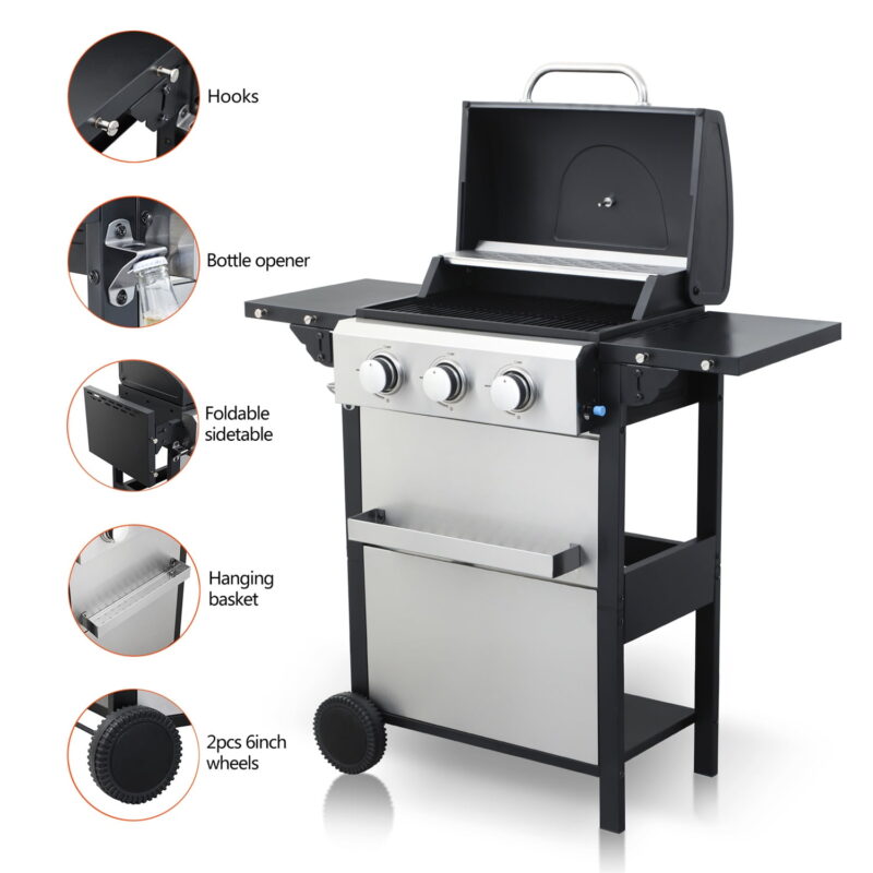 Hommoo 3-Burner Propane Gas BBQ Grill, BBQ Grill with Foldable Side Table and Wire Enamel Cooking Grids, for Outdoor Barbecue - Image 7