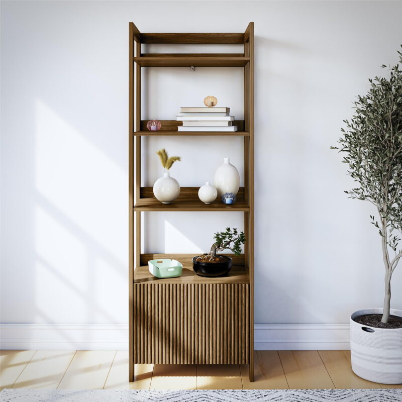Mainstays 4-Shelf Reeded Bookcase with Drawer, Natural Teak - Image 2