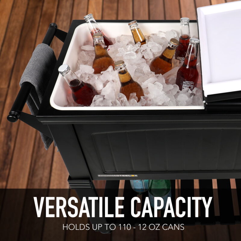 Permasteel 80-Qt Antique Outdoor Steel Patio Cooler on Wheels, Rolling Cooler Cart, Wooden Teak Style, Black - Image 5