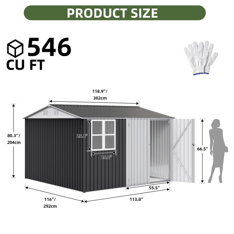 Uforic 10x10ft Storage Shed with Windows, Lockable Doors & Sloped Roof,Large Gray Metal Garden Shed for Patio,Backyard,Garage,and Lawn - Image 2