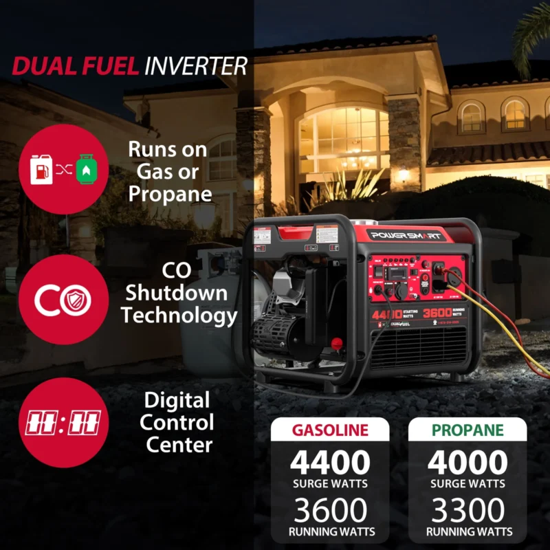 PowerSmart 4400W/3600W Dual Fuel Inverter Generator Pull Cord Start with CO Protect Carbon Monoxide Detection - Image 4