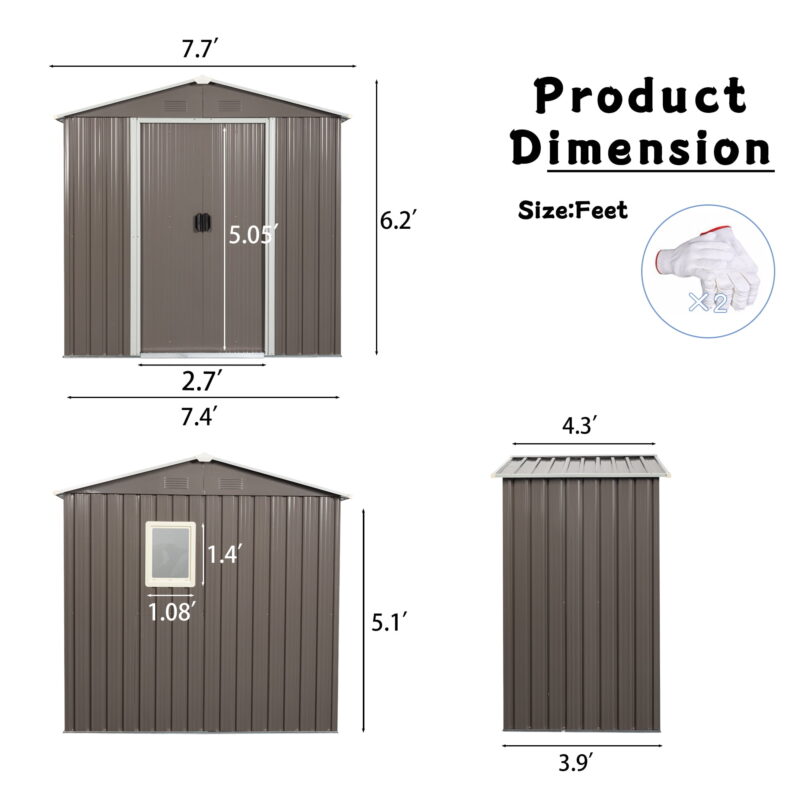 DEALTOPS 8ft x 4ft Outdoor Storage Shed,Galvanized Steel Storage Cabinet with Lockable Door for Backyard, Patio, Lawn-Grey - Image 2