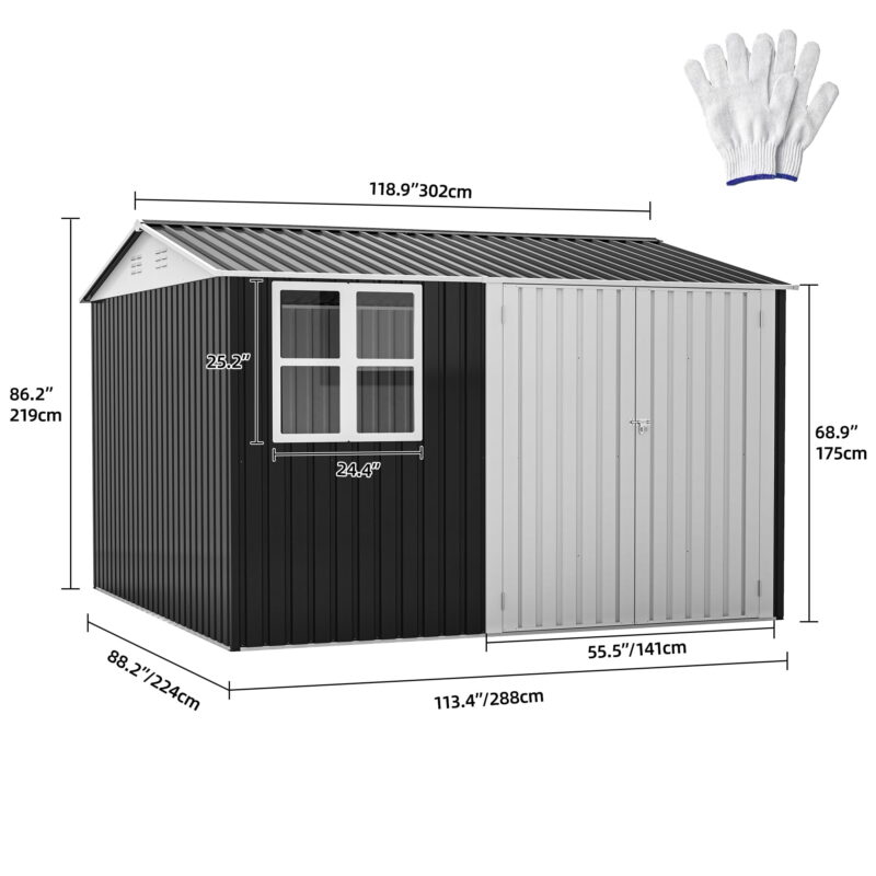 Uforic 10' x 8' Outdoor Storage Shed, Waterproof Metal Shed with Windows, Lockable Doors Gray/White - Image 7