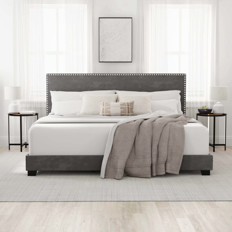 Willow Nailhead Trim Upholstered King Bed, Charcoal Faux Leather - Image 3